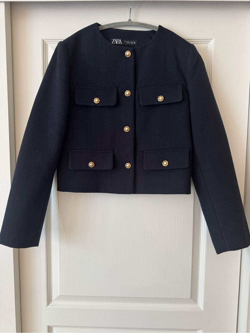 ZARA Navy Cropped Button-Front Blazer with Gold Buttons.